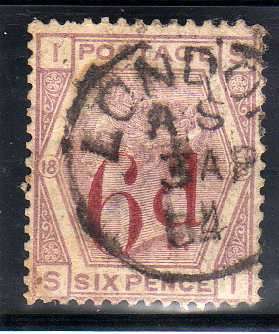 GREAT BRITAIN 1880-83 6d ON 6d LILAC PLATE 18 USED BUT THINNED. SG 162. CAT 130 POUNDS.