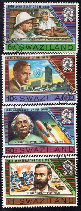 SWAZILAND 1983 "150th BIRTH ANNIV ALFRED NOBEL" SET OF 4 VFU. SG 436-39. CAT 7 POUNDS.