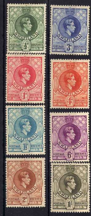 SWAZILAND 1938 DEFIN PART SET OF 8 ALL PERF 13,5 x 13. SACC 27 - 34. CAT R1625.