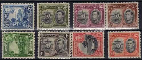 GRENADA 1938 DEFIN PART SET OF 8.(1/2d - 1/- MIXED PERFS) MM(*). CAT 30,85 POUNDS.