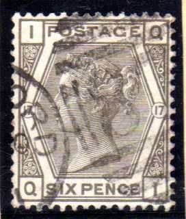 GREAT BRITAIN 1880-83 6d GREY PLATE 17 VERY FINE USED. SG 161. CAT 65 POUNDS.