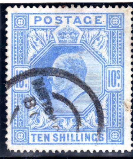 GREAT BRITAIN 1902-10 10/- ULTRAM FINE USED BUT BLUNT BOTTOM LEFT CORNER. SG 265. CAT 450 POUNDS.