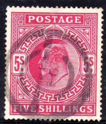 GREAT BRITAIN 1902 KEVII 5/- DEFIN FINE USED. SG 263 (SIMPLIFIED). CAT 200 POUNDS.