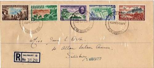 SOUTHERN RHODESIA 1953 "RHODES BIRTH CENTENARY" ON PLAIN REGISTERED F.D.C. SACC 73-77.