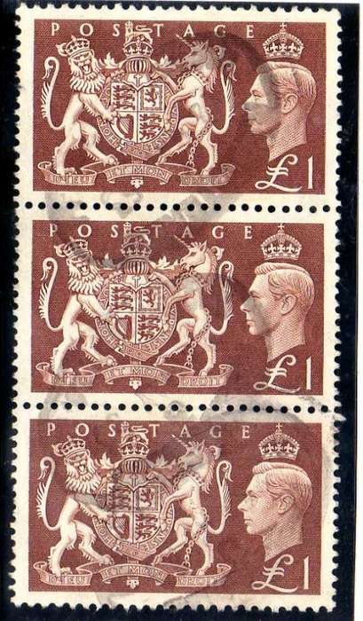 GREAT BRITAIN 1951 1 POUND BROWN STRIP OF 3 FINE USED. SG 512. CAT 54 POUNDS.