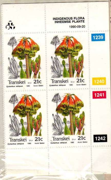 TRANSKEI 1990 FLOWERS SET OF 4 IN CONTROL BLOCKS OF 4 UMM. SG 257-260. CAT 14 POUNDS.