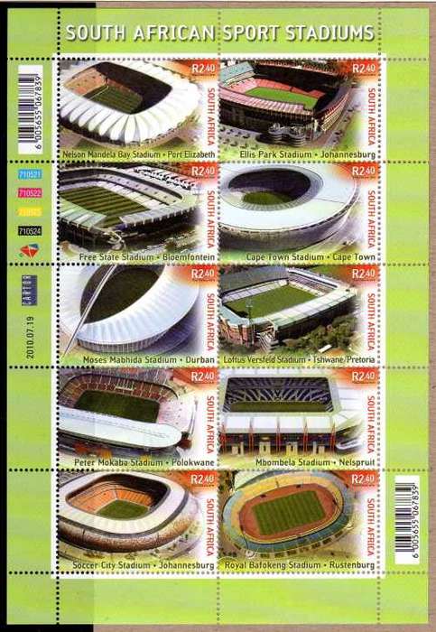 SOUTH AFRICA 2010 `SPORT STADIUMS` SHEETLET OF 10 UMM. SACC 2079. CAT R220 (2023-25)