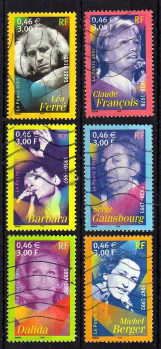 FRANCE 2001 "SINGERS" SET OF 6 VERY FINE USED. SG 3727-32. CAT 6 POUNDS.
