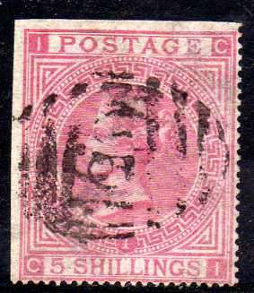 GREAT BRITAIN 1867-83 5/- PALE ROSE PLATE 1 USED 2 SIDES IMPERF. SG 127. CV 675 POUNDS. (2018)