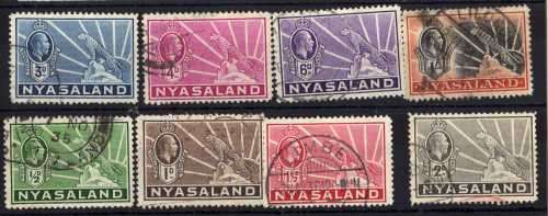 NYASALAND 1934 DEFIN PART SET OF 8 (NO 9d) V.F.U. SG 114-120, 122. CAT 22 POUNDS.