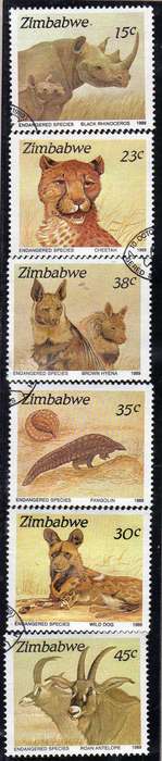 ZIMBABWE 1989 "ENDANGERED SPECIES" SET OF 6 VFU. SG 762-67. CAT 6,50 POUNDS.