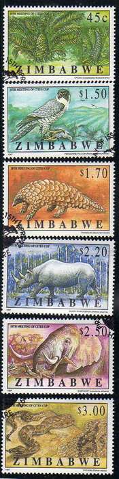 ZIMBABWE 1997 "10TH MEETING ON TRADE IN ENDANGERED SPECIES" SET OF 6 FVU. SG 942-947. CAT 6 POUNDS.