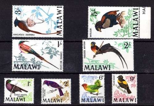 MALAWI 1968 BIRDS DEFIN PART SET OF 8 LMM - MM. SG 310-11, 314-16, 318-20. CAT 26 POUNDS.