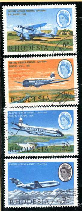 RHODESIA 1966 CENTRAL AFRICAN AIRWAYS 20TH ANNIV SET OF 4 VFU. SACC 161-164. CAT R121 (SACC 2017/18)