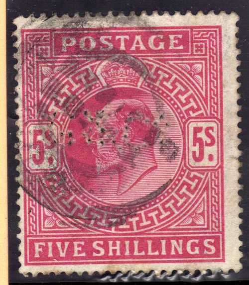 GREAT BRITAIN 1902 KEVII 5/- DEFIN BRIGHT CARMINE FINE USED BUT PERFINED. SG 263. CAT 200 POUNDS.
