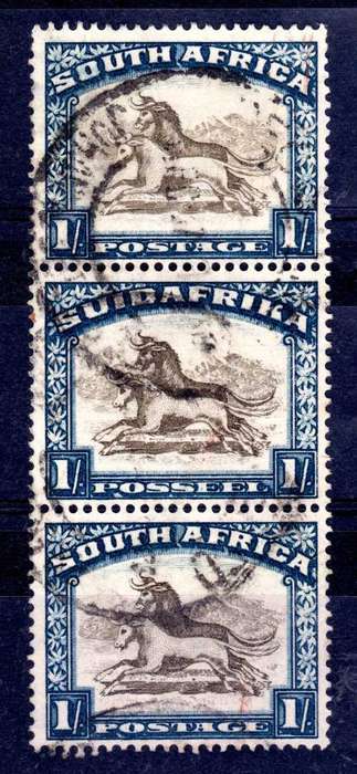SOUTH AFRICA 1930-45 1/- BROWN & BLUE UPR WMK VERT STRIP 3 VFU. SACC 49. CAT R500 FOR HORZ PAIR.