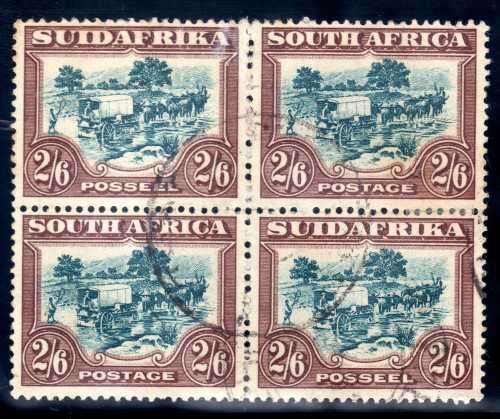SOUTH AFRICA 1930-45 ROTO 2/6d GREEN & BROWN BLOCK 4 FINE USED. SACC 50, SG 49. CAT 240 POUNDS.