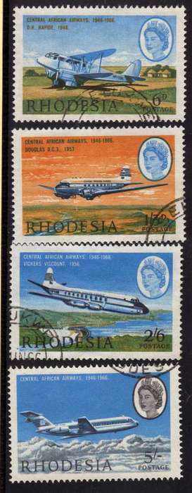 RHODESIA 1966 CENTRAL AFRICAN AIRWAYS 20TH ANNIV SET OF 4 VFU. SACC 161-164. CAT R121 (SACC 2017/18)