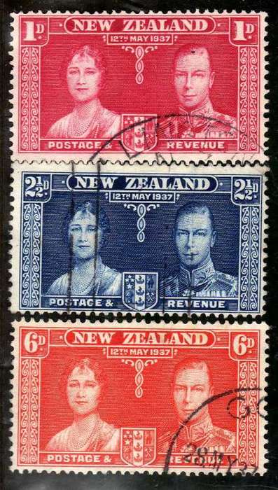 NEW ZEALAND 1937 CORONATION SET OF 3 VFU. SG 599-601. CAT 3,50 POUNDS.