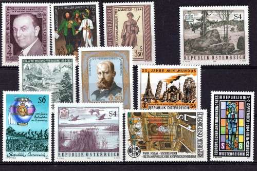 AUSTRIA 1984 11 STAMPS UMM. SG 2020-2026, 2029-2032. CAT 11,40 POUNDS.