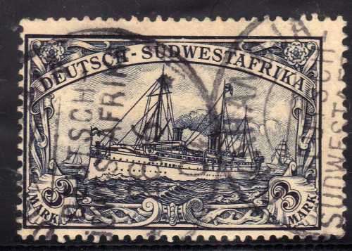 GERMAN SOUTH WEST AFRICA 1901 YACHT ISSUE 3 MARK BLACKISH VIOLET VFU. NO WMK. SACC 24. CAT R1000.