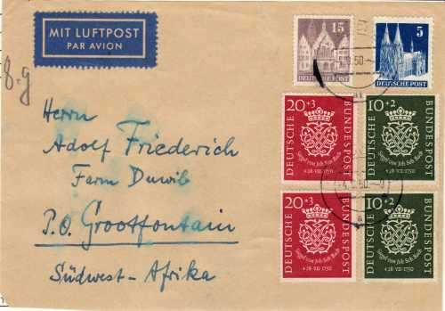 GERMANY 1950 "BACH" 2 SETS ON FRONT OF AIR MAIL COVER TO SOUTH WEST AFRICA.