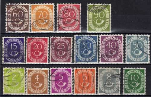 GERMANY WEST 1951 POST HORN DEFIN SET OF 16 VFU. SG 1045-60. CAT 59 POUNDS.