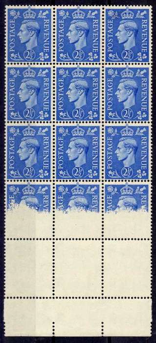GREAT BRITAIN 1937 KGVI 2,5d BOTTOM MARGINAL BLOCK OF 15 WITH 'DRY PRINTING" SUPERB UMM. SG 466v.