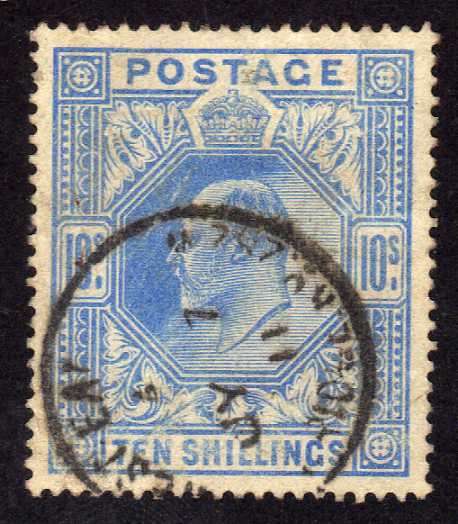 GREAT BRITAIN 1902-10 10/- ULTRAMARINE FINE USED. SG 265. CAT 500 POUNDS. (SG 2018)