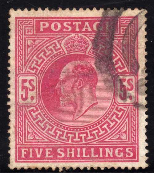 GREAT BRITAIN 1902-10 KEVII SOMERSET HOUSE PRINTING 5/- CARMINE FINE USED. SG 318. CAT 200 POUNDS.