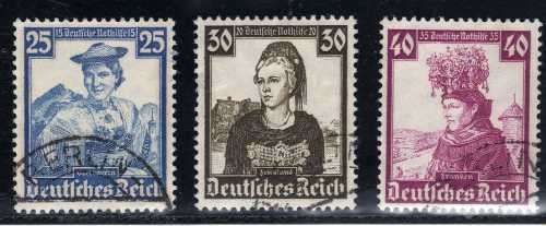 GERMANY 1935 WELFARE FUND `PROVINCIAL COSTUMES` 3 TOP VALUES VFU. SG 592-4. CAT 55,50 POUNDS.