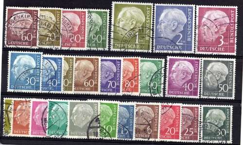 GERMANY WEST 1954 DEFIN SET OF 27 VFU. SG 1103-1122. CAT 41,85 POUNDS.