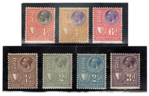 MALTA 1926/30 7 MOUNTED MINT STAMPS. SG 163-4, 193, 197-199 & 202. CAT 15.35 POUNDS.