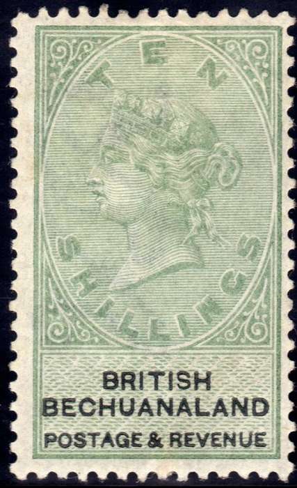 BECHUANALAND 1887 UNAPPROPRIATED DIES 10/- GREEN & BLACK  FINE MOUNTED MINT. SACC 19. CAT R7000.