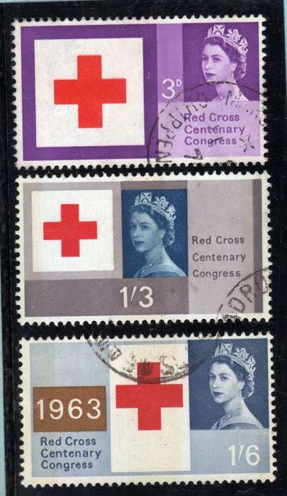 GREAT BRITAIN 1963 "RED CROSS CENT" SET OF 3 PHOSPHOR VFU. SG 642p-644p. CAT 55 POUNDS.