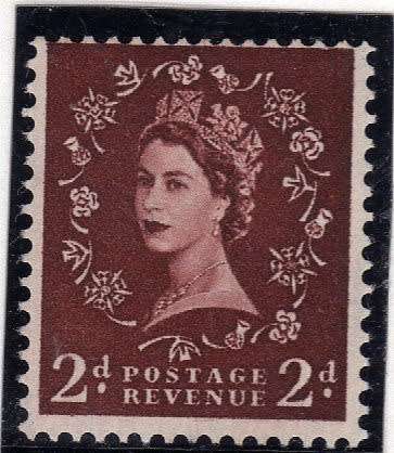 GREAT BRITAIN 1952-54 DEFIN W/MARK TUDOR CROWN 2d RED-BROWN INV W/MARK LMM. SG 518Wi. CAT 30 POUNDS.