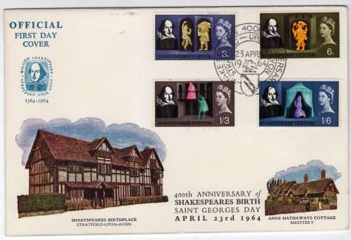 GREAT BRITAIN 1964 "SHAKESPEARE FESTIVAL" SET OF 5 (PHOSPHOR) ON FDC. SG 646p-649p. CAT 17 POUNDS.
