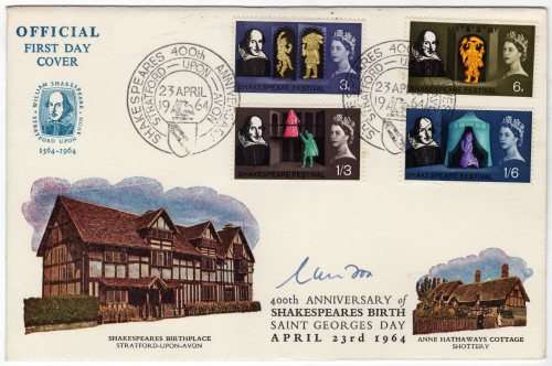 GREAT BRITAIN 1964 "SHAKESPEARE FESTIVAL" SET OF 5 (PHOSPHOR) ON FDC. SG 646p-649p. CAT 17 POUNDS.
