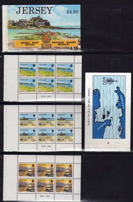 JERSEY 1990 BOOKLET PANES PLUS COVERS. SG 470, 474 & 476. CAT 6,30 POUNDS.