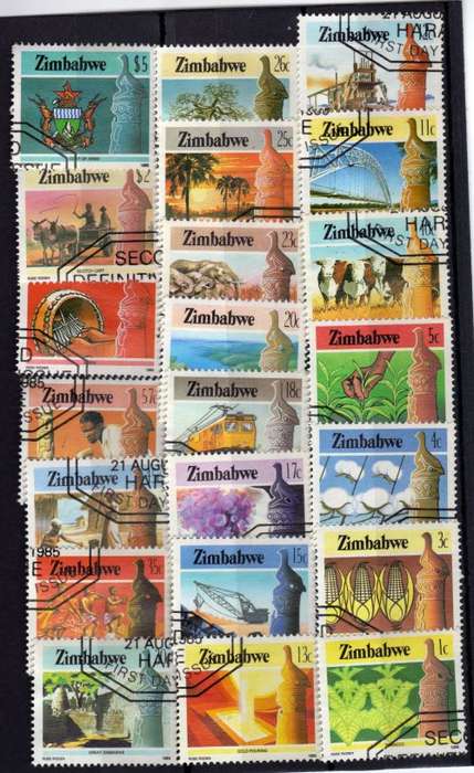 ZIMBABWE 1985 2ND DEFINITIVE SET OF 22 VFU. SG 659-680. CAT 15 POUNDS.