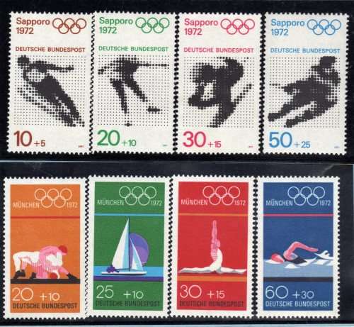 GERMANY 1972 "OLYMPIC GAMES MUNICH" SET OF 4 & 1971 WINTER OLYMPIC GAMES SET OF 4 UMM. CAT 7,65 GBP.