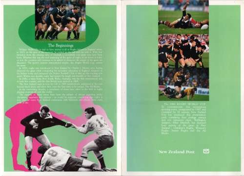 NEW ZEALAND 1991 RUGBY WORLD CUP PRESENTATION PACK WITH SET OF 4 & MINI SHEET.