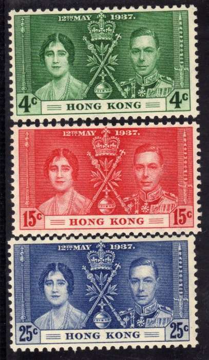 HONG KONG 1937 CORONATION SET OF 3 VERY LMM. SG 137-39. CAT 20 POUNDS.