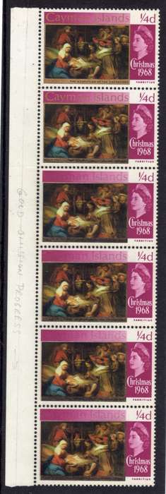 CAYMAN ISLANDS 1968-69 "CHRISTMAS" 1/4d VERT STRIP WITH "GOLD OMITTED UMM. SG 215a. CAT 1375 GBP +++