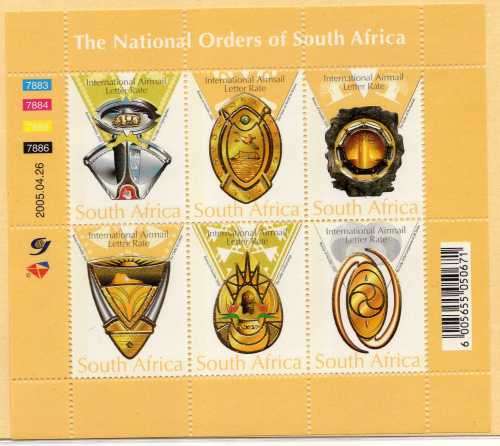 SOUTH AFRICA 2005 `NATIONAL ORDERS OF SOUTH AFRICA` MINI SHEET OF 6 UMM. SACC 1706. CAT R300.