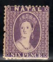 NATAL 1863-65 6d LILAC MAUVE MINT SMALL PART ORIGINAL GUM. SACC 19. CAT R1500 (SACC 2019-20).