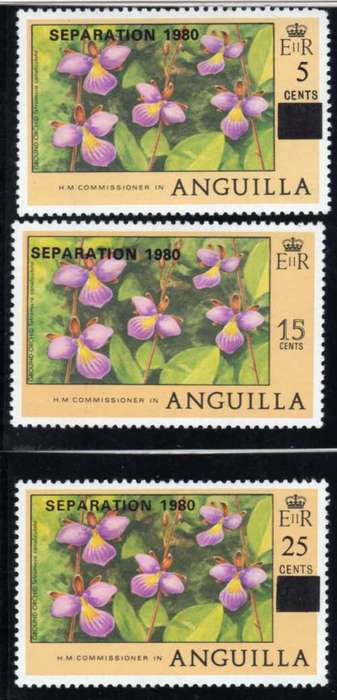 ANGUILLA 1980 3 ORCHID STAMPS LMM. SG 423, 429 & 433. CAT 5,75 POUNDS.