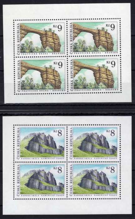 CZECH REPUBLIC 1995 "ROCK FORMATIONS" SET OF 2 IN 2 SHEETLETS OF 4 UMM. SG 87-88. CAT 16 POUNDS.