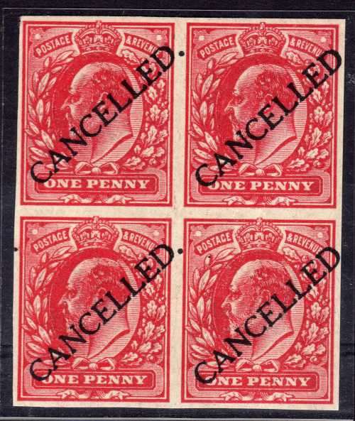 GREAT BRITAIN 1911 KEVII 1d RED VF UMM IMPERF BLOCK OF 4 OVPTD "CANCELLED". SG SPEC M6t. RARE.