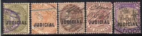 JAMAICA 1898 POSTAGE STAMPS OPTD "JUDICIAL" USED. SG BAREFOOT 4-8. CAT 24 POUNDS.